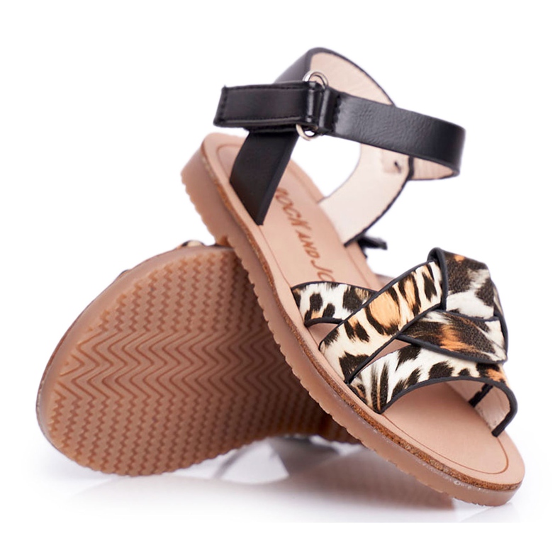 FRROCK Sandale pentru copii cu velcro pentru fete Leopard Mimi negru