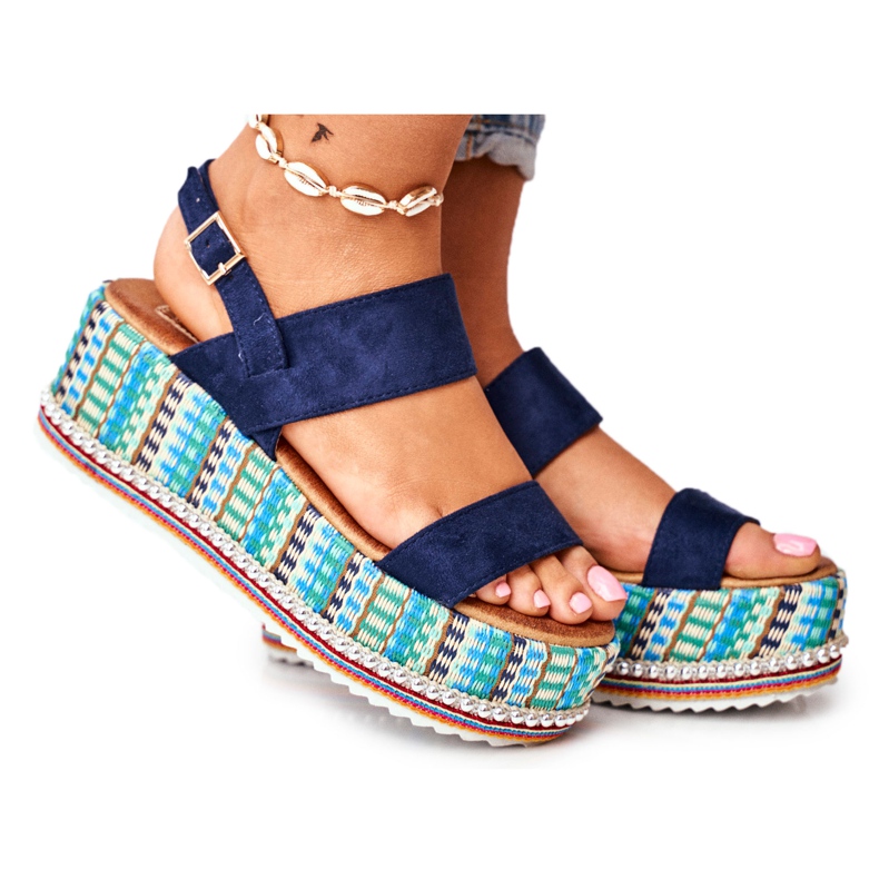 FW1 Sandale pentru femei pe espadrile cu pană, bleumarin Sandy albastru marin