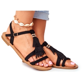 FRJ Sandale de damă din piele de căprioară plată Boho negru Lucami