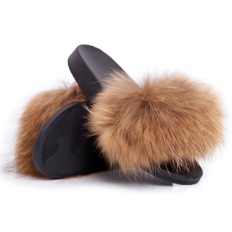 Papuci de damă cu blană naturală Camel Naturis maro