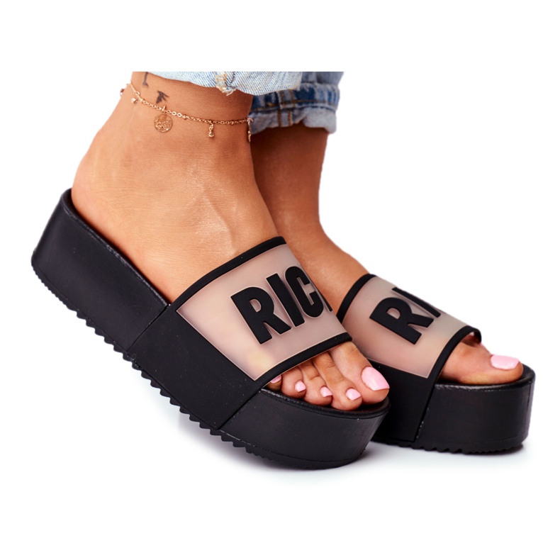 SEA Papuci negri bogați de damă pe platformă negru