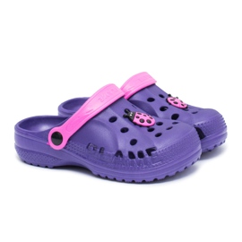 Flameshoes Papuci de casă violet Kroks pentru copii cu o buburuză Flameshoes Papuci de casă violet Kroks pentru copii cu o buburuză