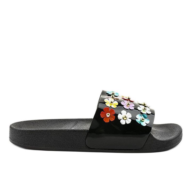 Papuci negri cu flori D7659-1 negru