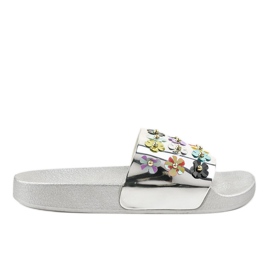 Papuci de argint cu flori D7659-3 gri
