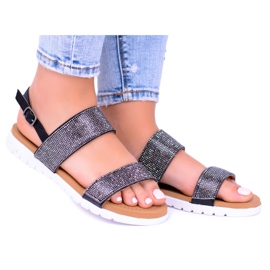 Sandale negre pentru femei Lu Boo cu zirconiu cubic perfect negru