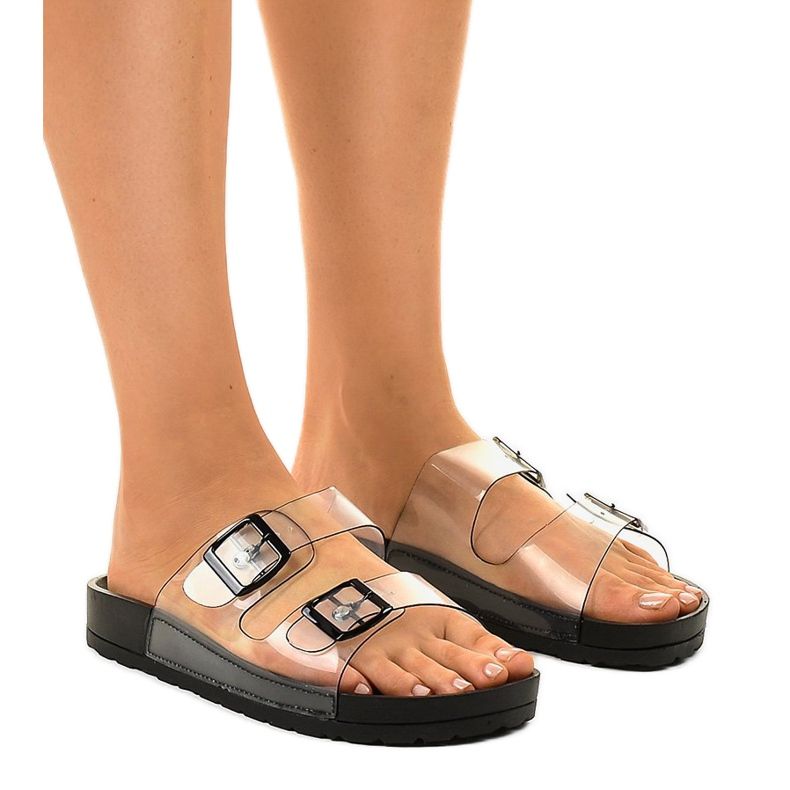 Papuci transparenti negri cu cataramă SE-9605 multicolor