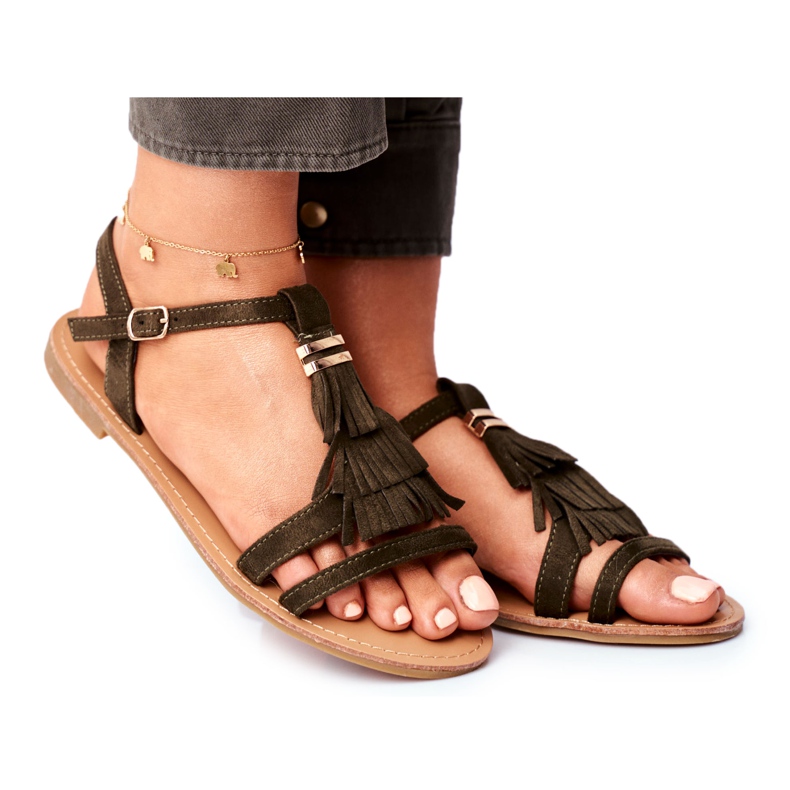 FJ1 Sandale de damă din piele de căprioară plată Boho Olive Lucami multicolor verde