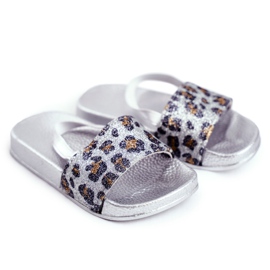 FRROCK Papuci pentru fete copii Brocart Leopard Argint Rimia gri