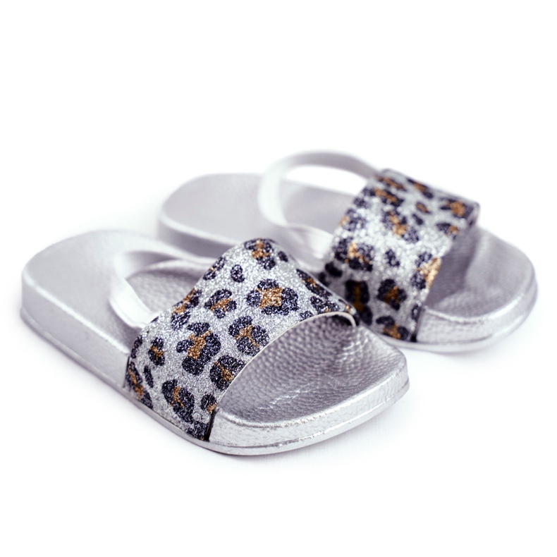 FRROCK Papuci pentru fete copii Brocart Leopard Argint Rimia gri