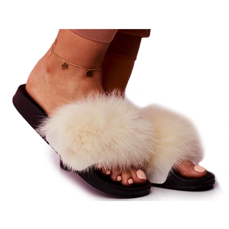 SEA Papuci de damă cu blană albă Belmondo negru