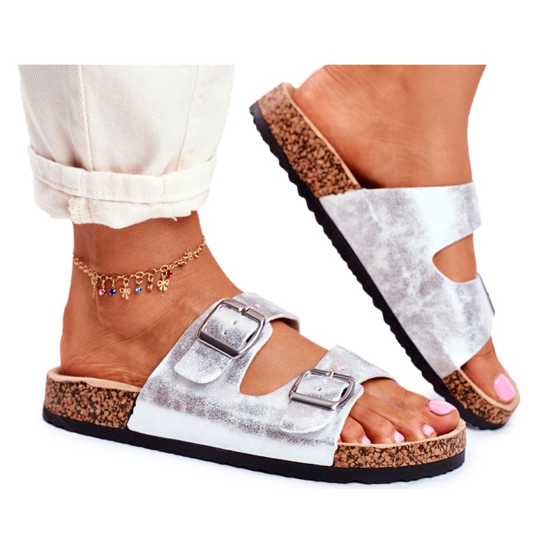 EVE Papuci pentru femei cu catarame Vivio argintiu gri