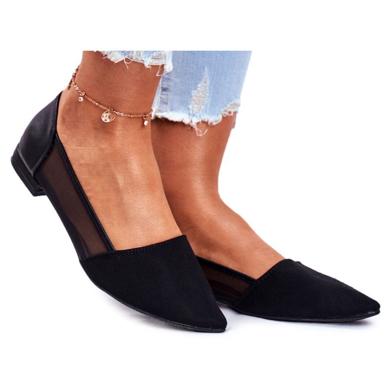 EVE Balerini de damă cu ochiuri din piele de căprioară neagră negru