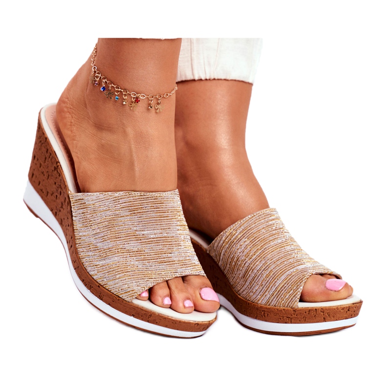 Papuci de damă pe pană Sergio Leone Beige SK320 bej de aur