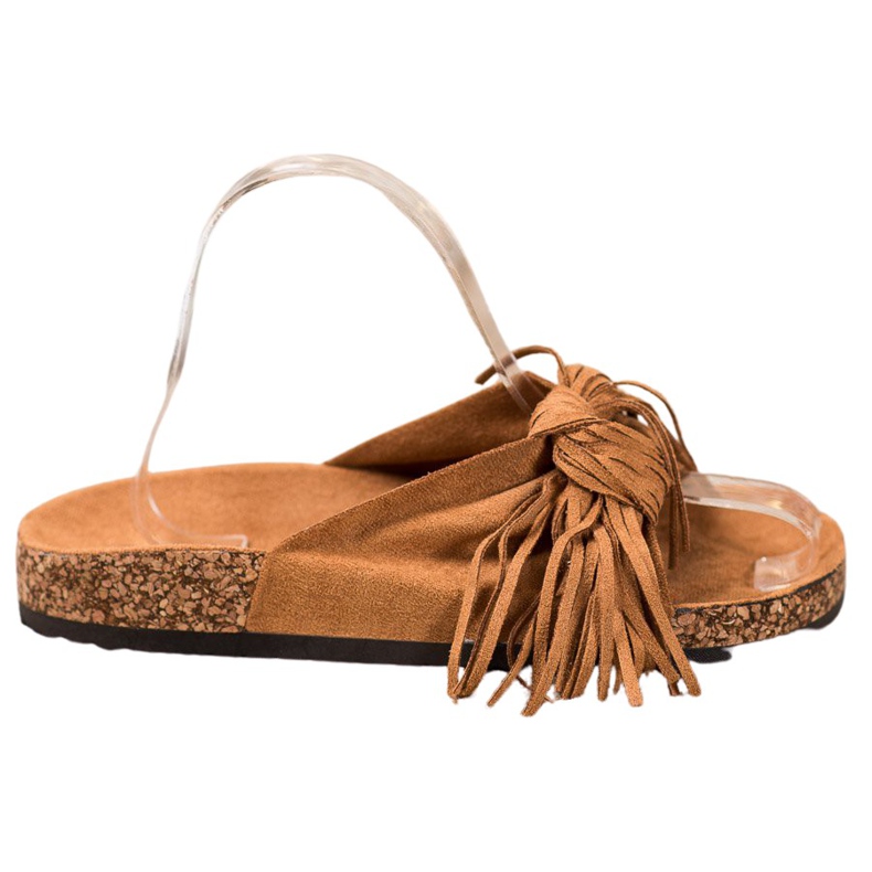 Bestelle Papuci din piele de căprioară cu franjuri maro
