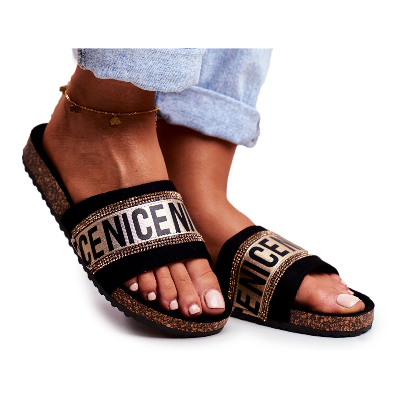 EVE Papuci negri pentru femei pe pietre de piatră BeNice Gold negru galben