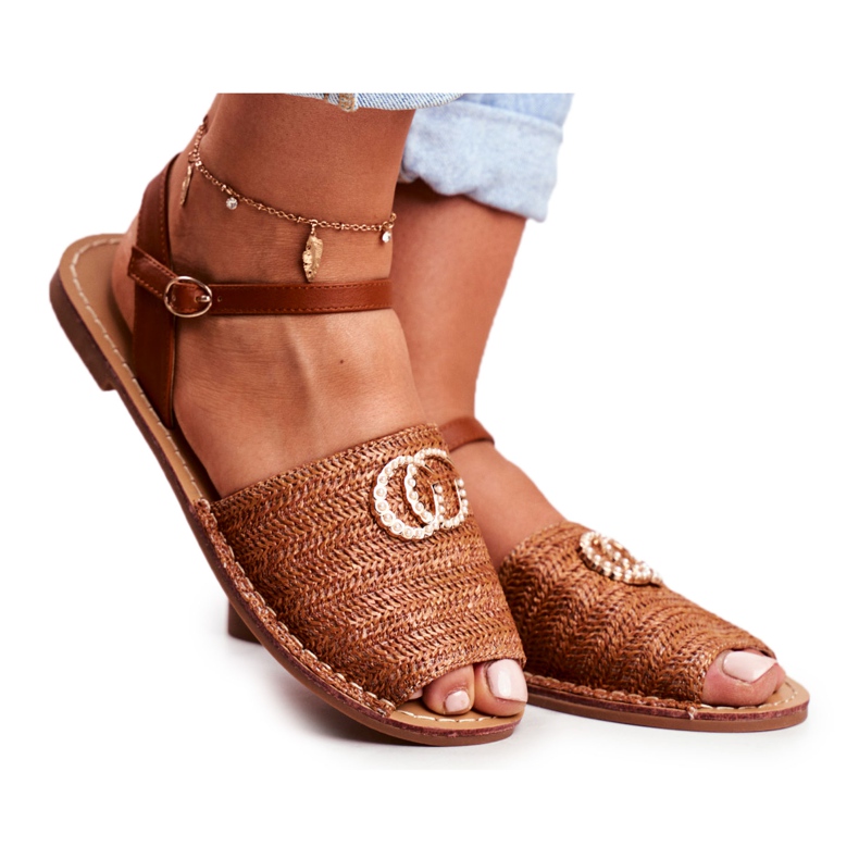 Sandale plate pentru femei, maro, Lu Boo, împletit Felicia