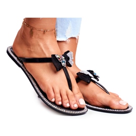 LU BOO Papuci de cauciuc pentru femei Flip-Flops negri Lissy Pietre de stras negru