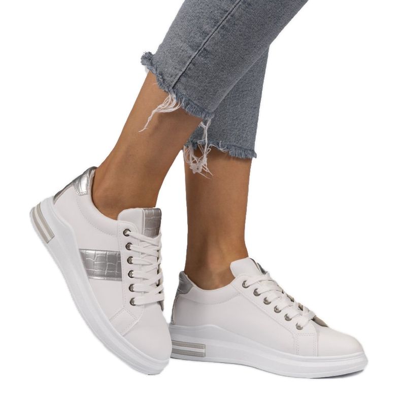 Adidași de modă albi cu piele ecologică C912 argint gri