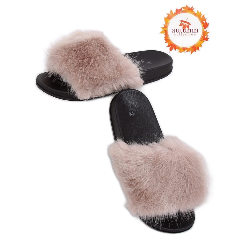 Papuci bej cu blană CK107P Bej