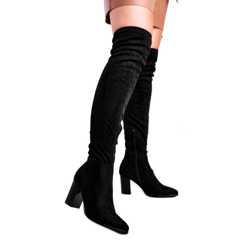 Vinceza Cizme de damă cu toc piele întoarsă Victoria neagră negru