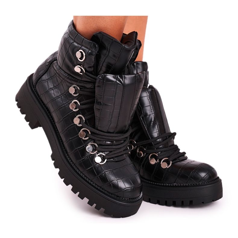 BUGO Cizme plate pentru femei cu limbă Black Passa negru