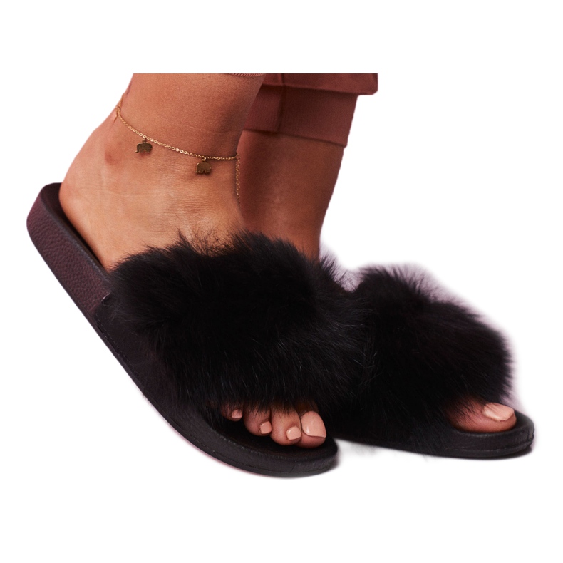 SEA Papuci de damă cu blană Black Belmondo negru