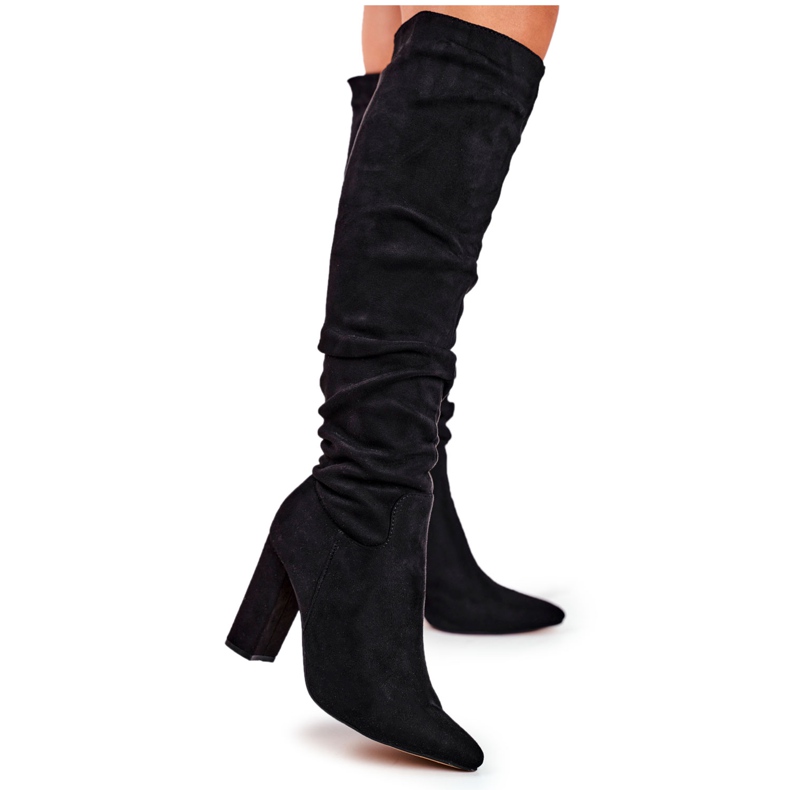 Cizme de damă cu toc piele de căprioară neagră negru