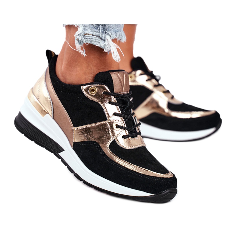 Vinceza Încălțăminte sport de damă piele neagră și aurie 21-7777 negru