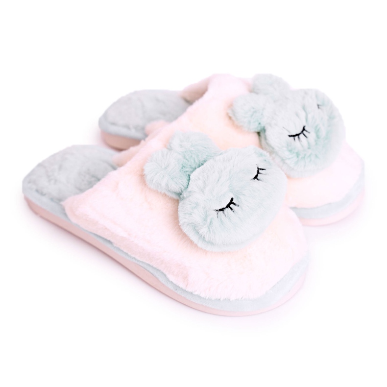 Papuci de blană pentru femei Iepure verde deschis roz
