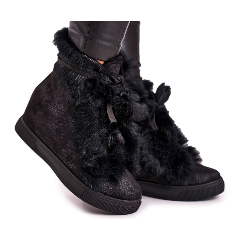 Adidași cu toc negru pentru femei, cu blană, destul de negri argint