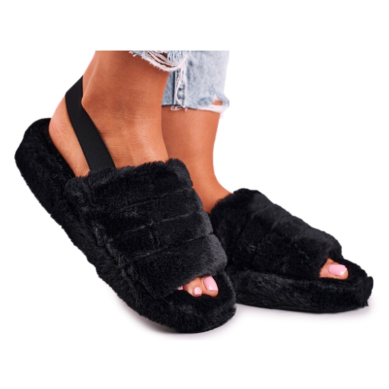 FJ1 Papuci de damă pe fulg de zăpadă neagră cu platformă de blană negru