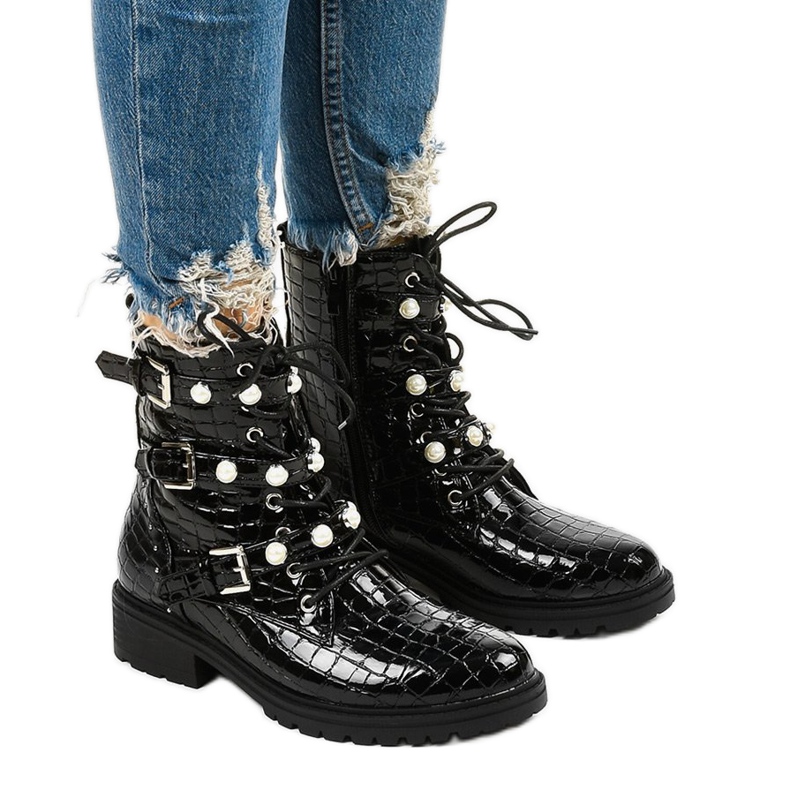 Cizme plate negre cu perle Torwain negru Cizme plate negre cu perle Torwain negru