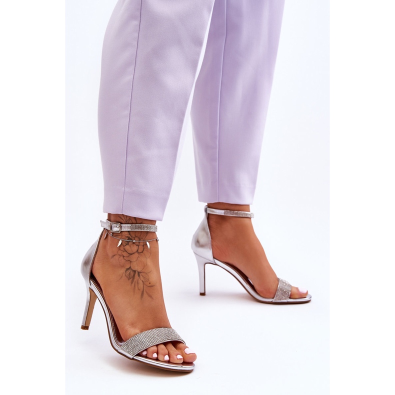 Sandale De Damă Cu Toc Înalt Cu Strasuri Argintii Perfecto 1