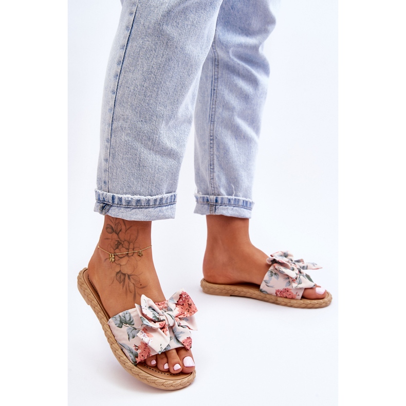 Papuci de damă cu fundă din țesătură floare bej 1