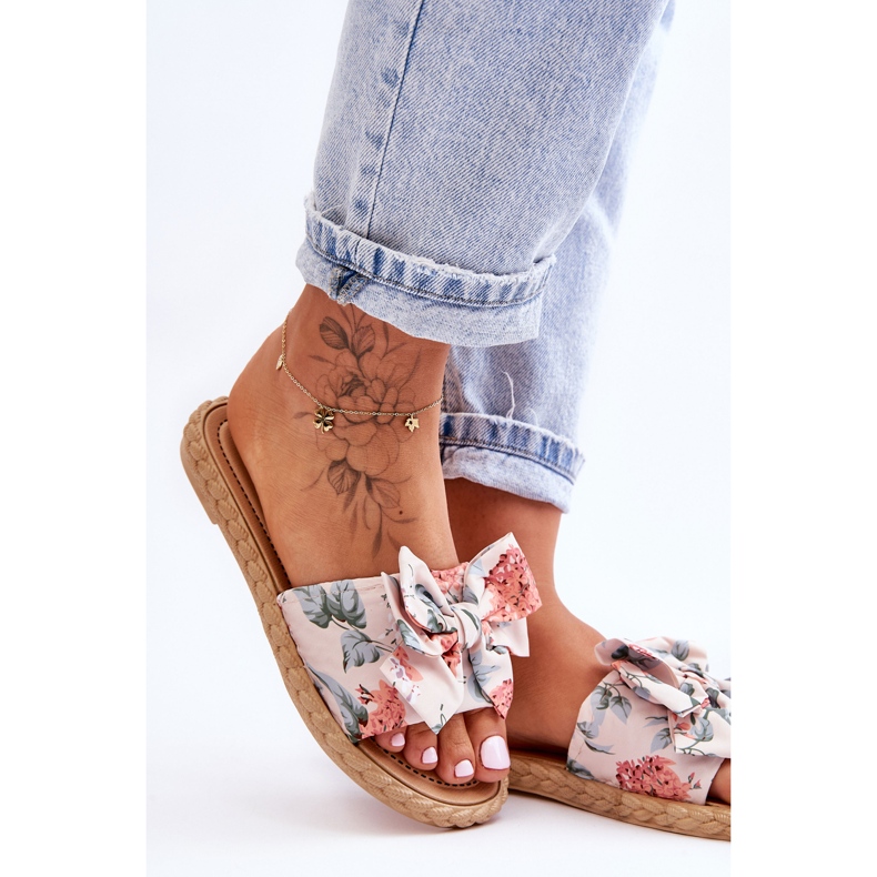 Papuci de damă cu fundă din țesătură floare bej 2