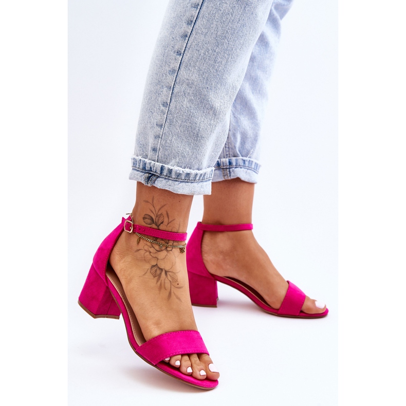Sandale clasice din piele intoarsa, fucsia, cu toc mic roz 1