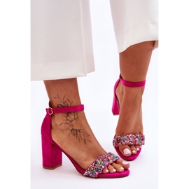 Sandale La modă Toc Înalt Cu Pietre Decorative Fuchsia Love Me roz 1