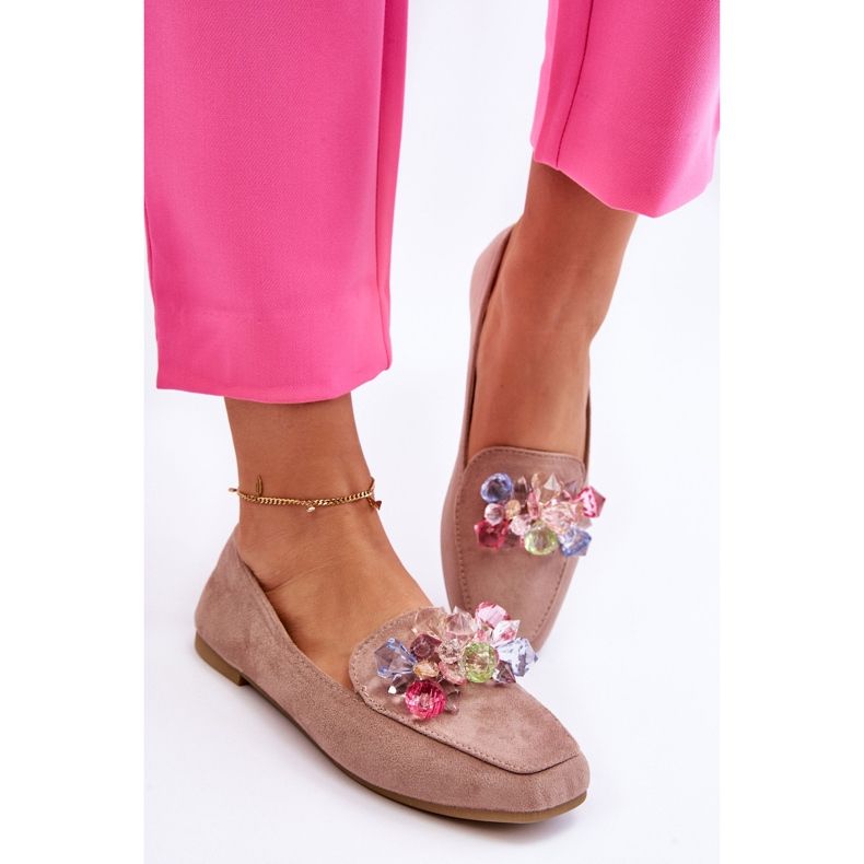 PS1 Mocasini din piele intoarsa Cu Cristale Decorative Bej Inchis Arvilla 1