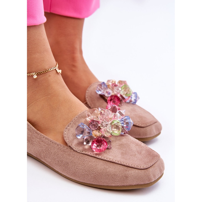 PS1 Mocasini din piele intoarsa Cu Cristale Decorative Bej Inchis Arvilla 2