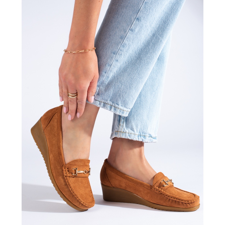 Mocasini de damă din piele de căprioară cu pană Shelovet maro 1 Mocasini de damă din piele de căprioară cu pană Shelovet maro 1