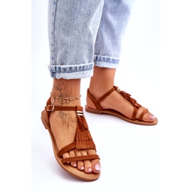 Sandale de damă plate din piele intoarsa Boho maro Lucami 2