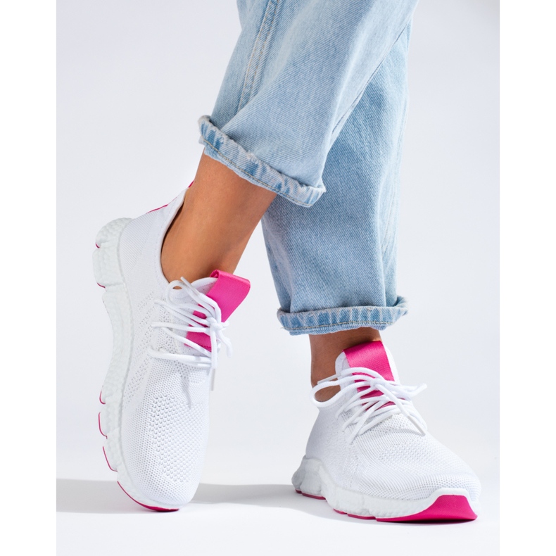 Tenisi albi Shelovet cu inserție fucsia 2 Tenisi albi Shelovet cu inserție fucsia 2