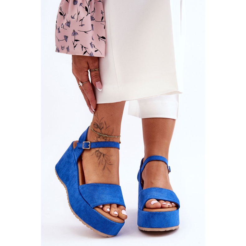 Sandale cu pană din piele intoarsa de dama albastre Lydia albastru 1