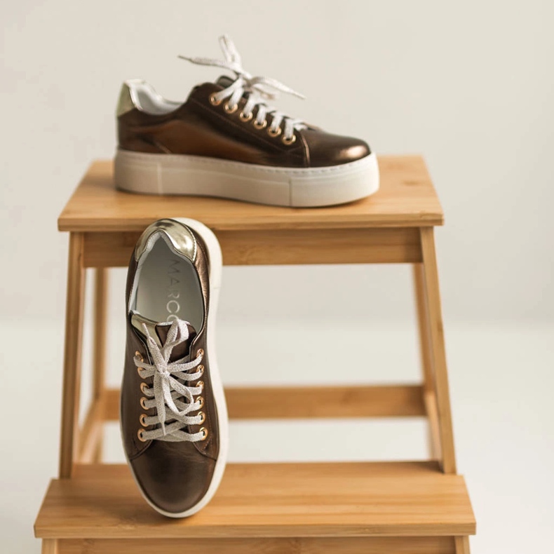 Marco Shoes Adidași de damă din piele naturală pe talpă groasă de aur 2