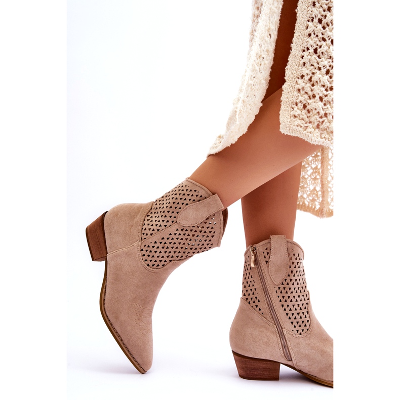 Cizme de cowboy ajurate pentru damă, stuf bej 2