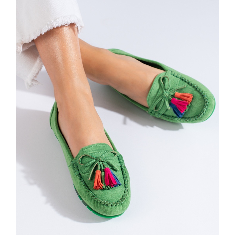 Mocasini boho din piele intoarsa verde Shelovet cu ciucuri 1 Mocasini boho din piele intoarsa verde Shelovet cu ciucuri 1