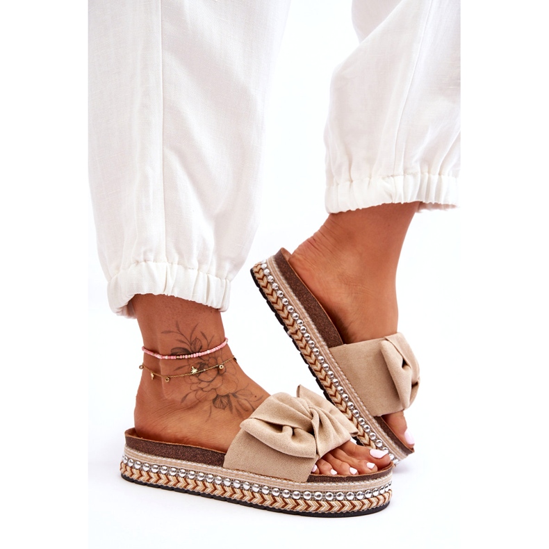 Papuci De Damă De Căprioară Cu Fundă Bej Lauria 2