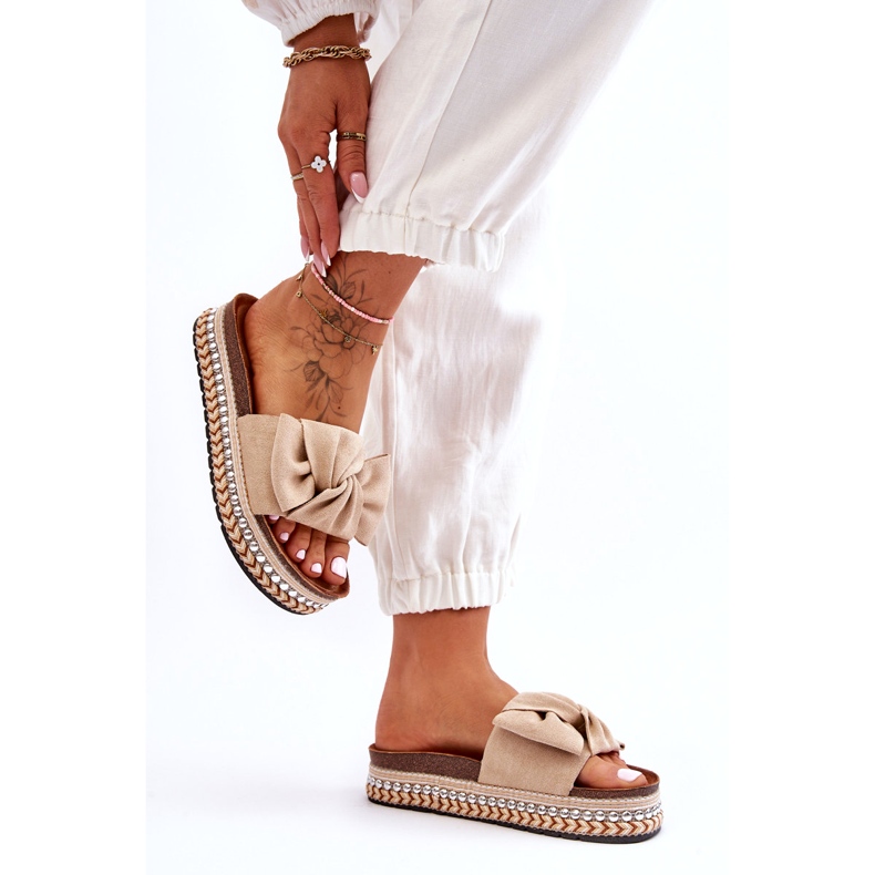 Papuci De Damă De Căprioară Cu Fundă Bej Lauria 3