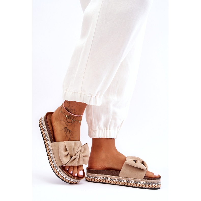 Papuci De Damă De Căprioară Cu Fundă Bej Lauria 5