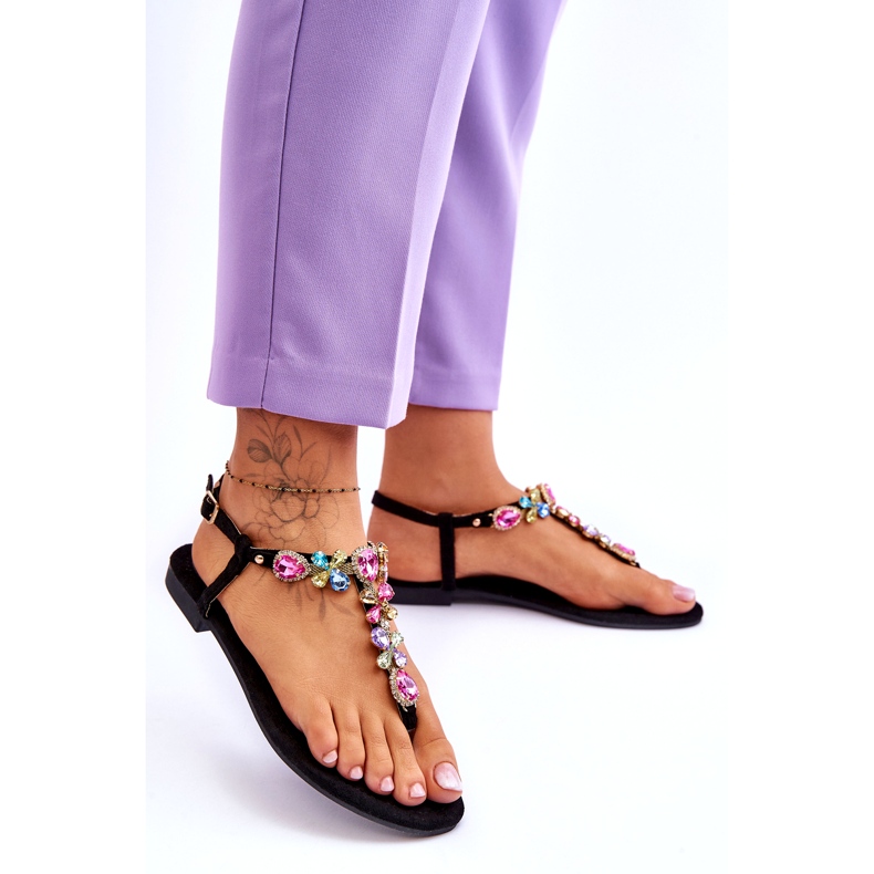 Flip Flops din piele intoarsa cu pietre Negru Frency 2